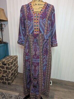 Soft Surroundings Mira Dress in a Purple and Blue Paisley Boho Style